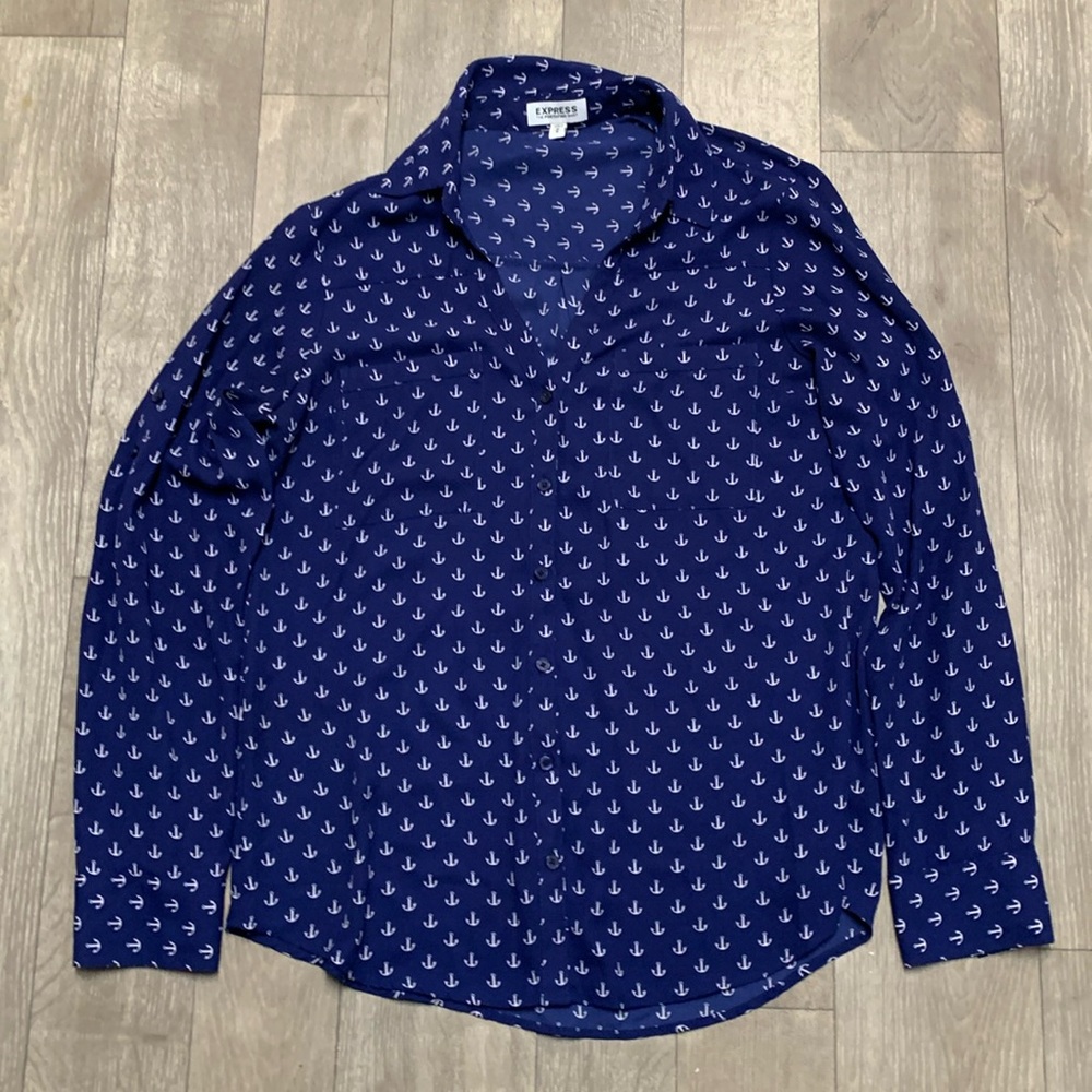 Womens Express Portfolio Anchor All Over Print Button Up Roll Up‎ Sleeve Shirt